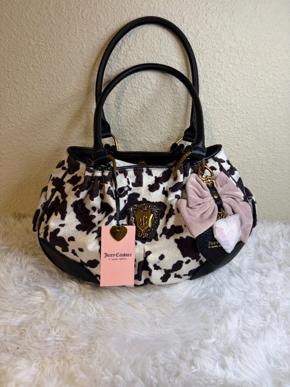 Juicy Couture Juicy Romance Cow Print Satchel Bow Charm Western Purse NWT